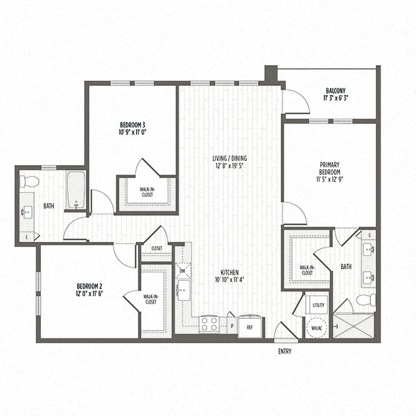 Floor plan of the C1, a three bedroom two bath at 1285 SF